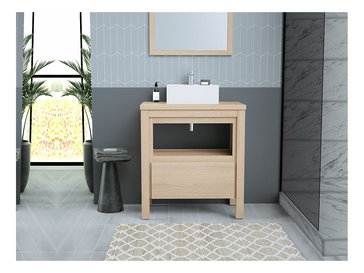 Meuble sous vasque avec niche de rangement et planche - 80 cm - Placage chêne - COSMOTI