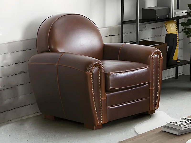 Fauteuil club 100% cuir vieilli BAUDOIN - Marron