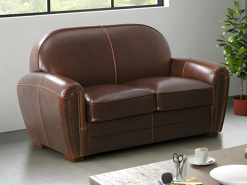 Sofá 2 plazas club de piel envejecida BAUDOIN - Marrón