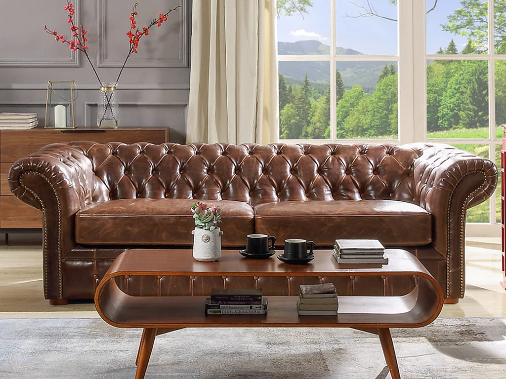 Driezitsbank chesterfield CLOTAIRE van 100% leer met lived-in aspect