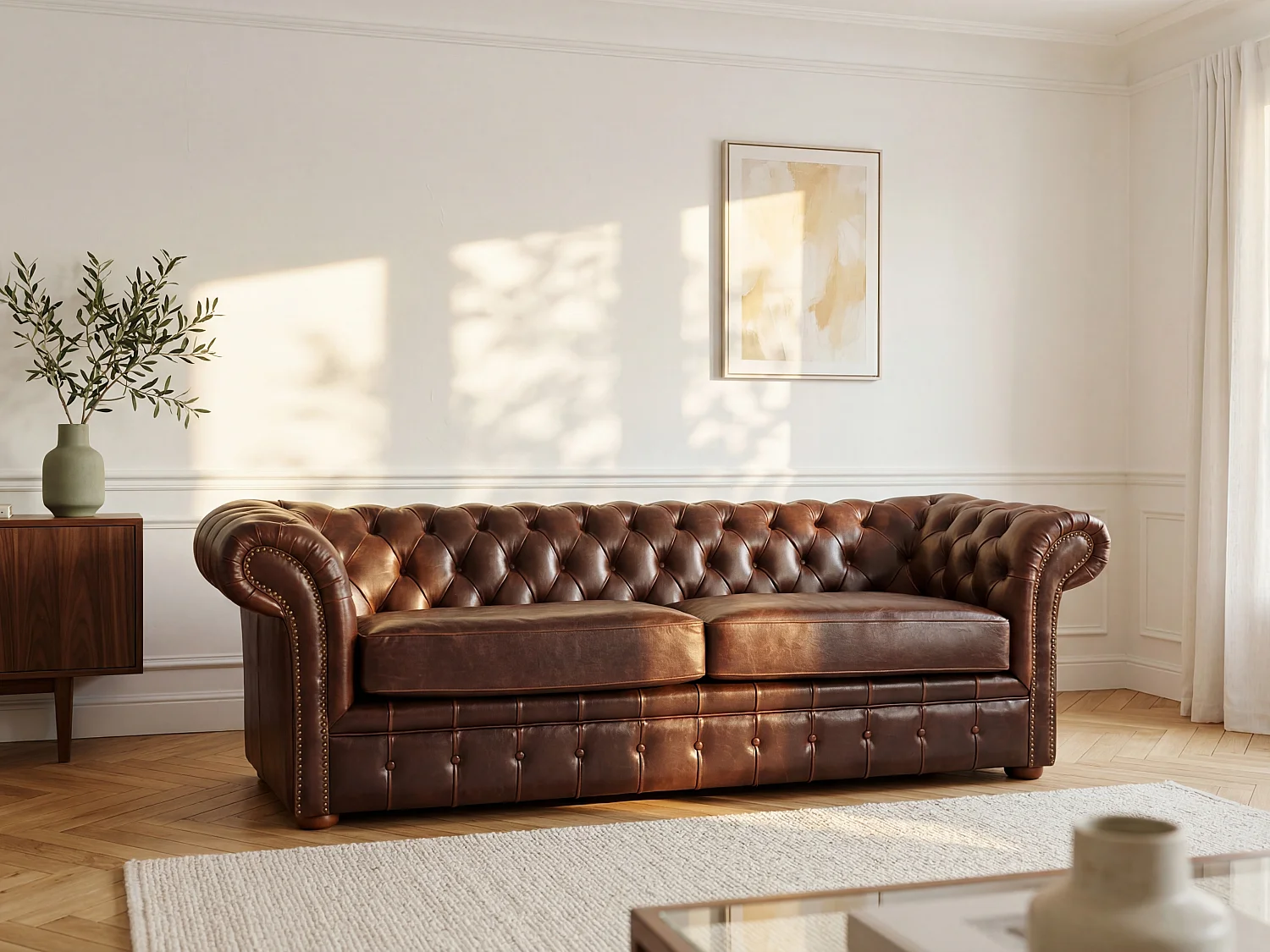 Sofá de 3 lugares 100% pele envelhecida Castanho estilo chesterfield - CLOTAIRE