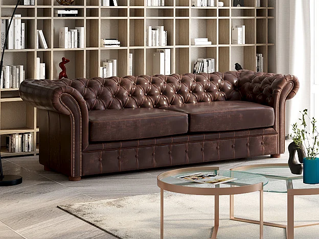 Chesterfield 3-seters CLOTAIRE 100% aldret skinnlær CLOTAIRE