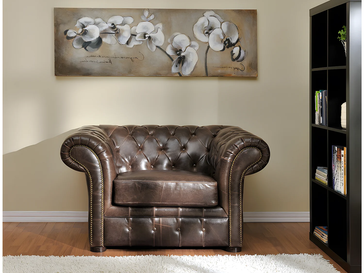 Fauteuil chesterfield CLOTAIRE 100% cuir vieilli 