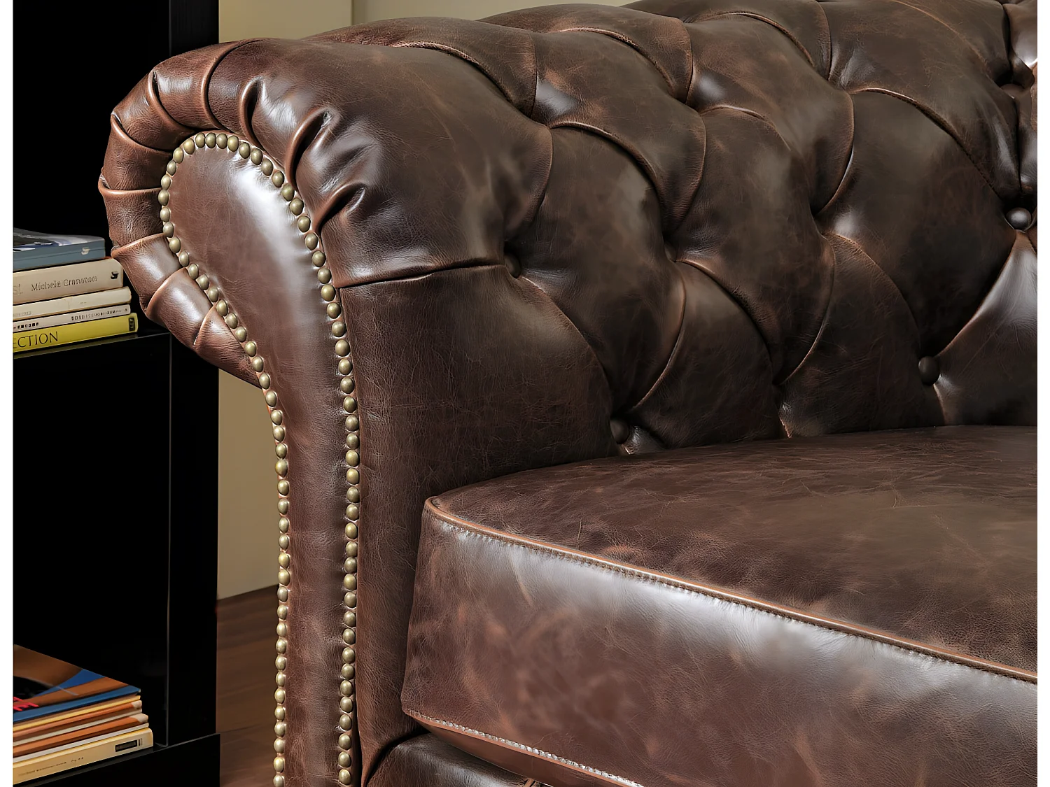 Fauteuil chesterfield CLOTAIRE 100% cuir vieilli 