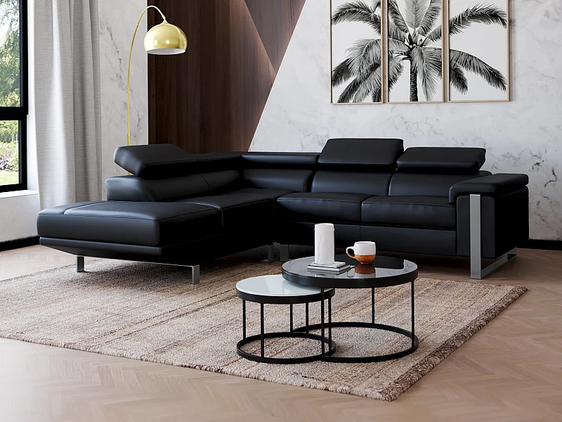 Canapé d'angle en cuir MYSTIQUE - Noir - Angle gauche