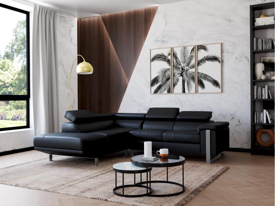 Ecksofa - Leder - Ecke Links - Schwarz - MYSTIQUE