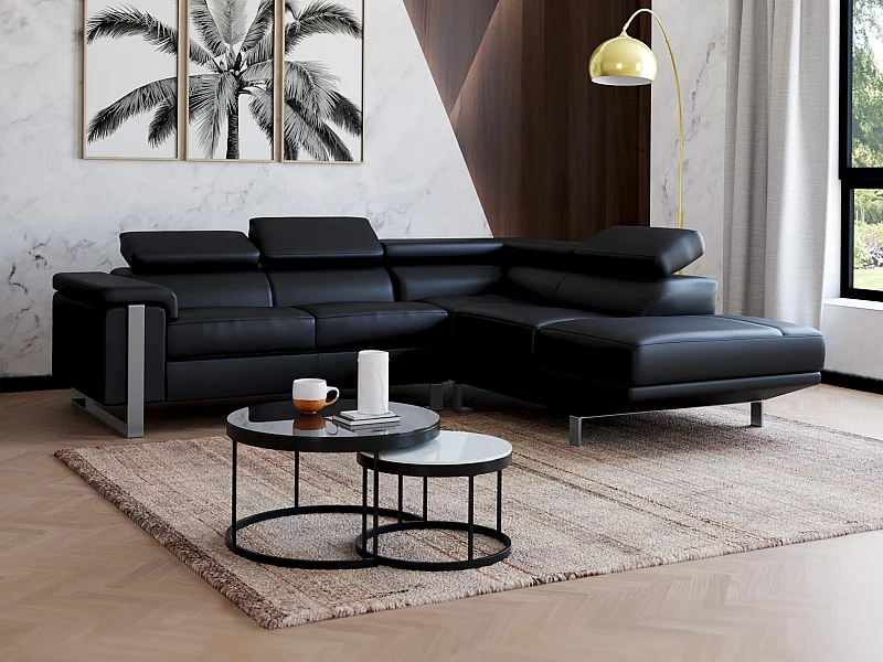 Ecksofa - Leder - Ecke Rechts - Schwarz - MYSTIQUE