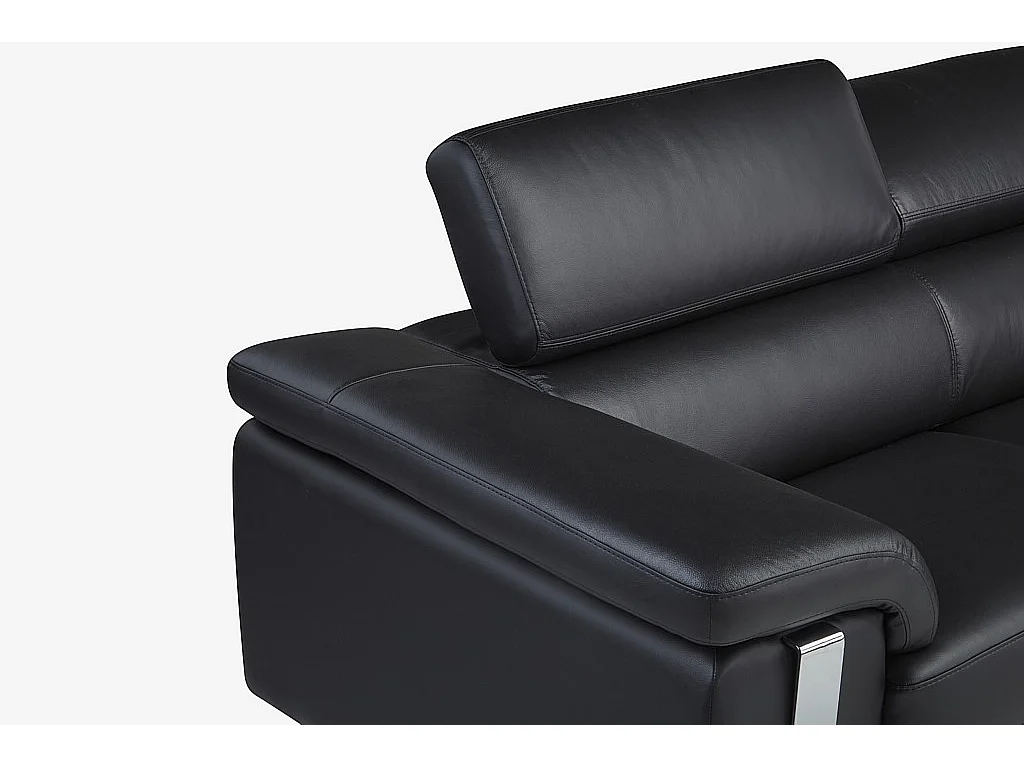 Canapé D'angle En Cuir Mystique Noir – 5 Places, Angle Droit, Têtières Relax, Pieds Métal