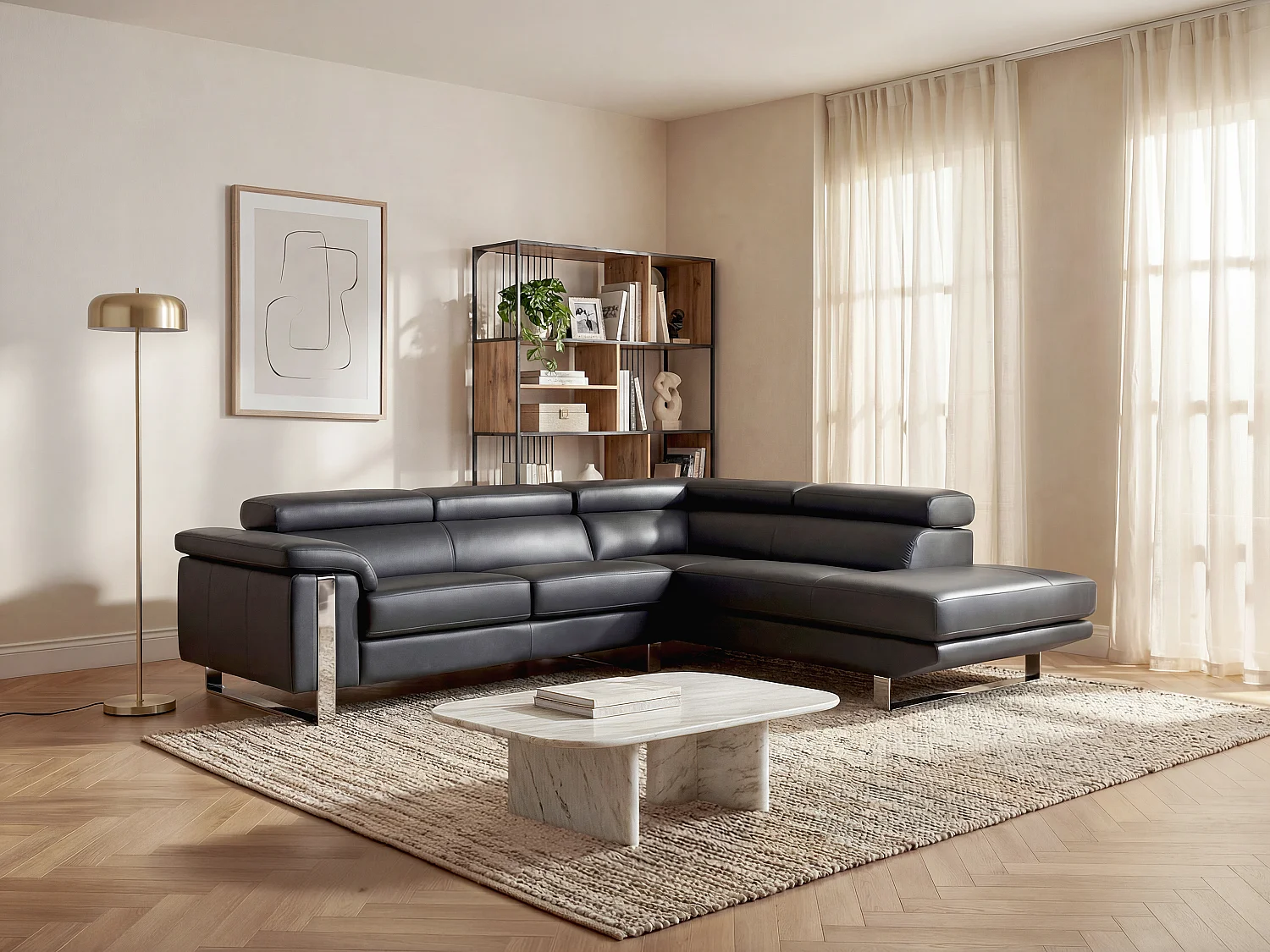 Hjørnesofa højrevendt i sort læder MYSTIQUE