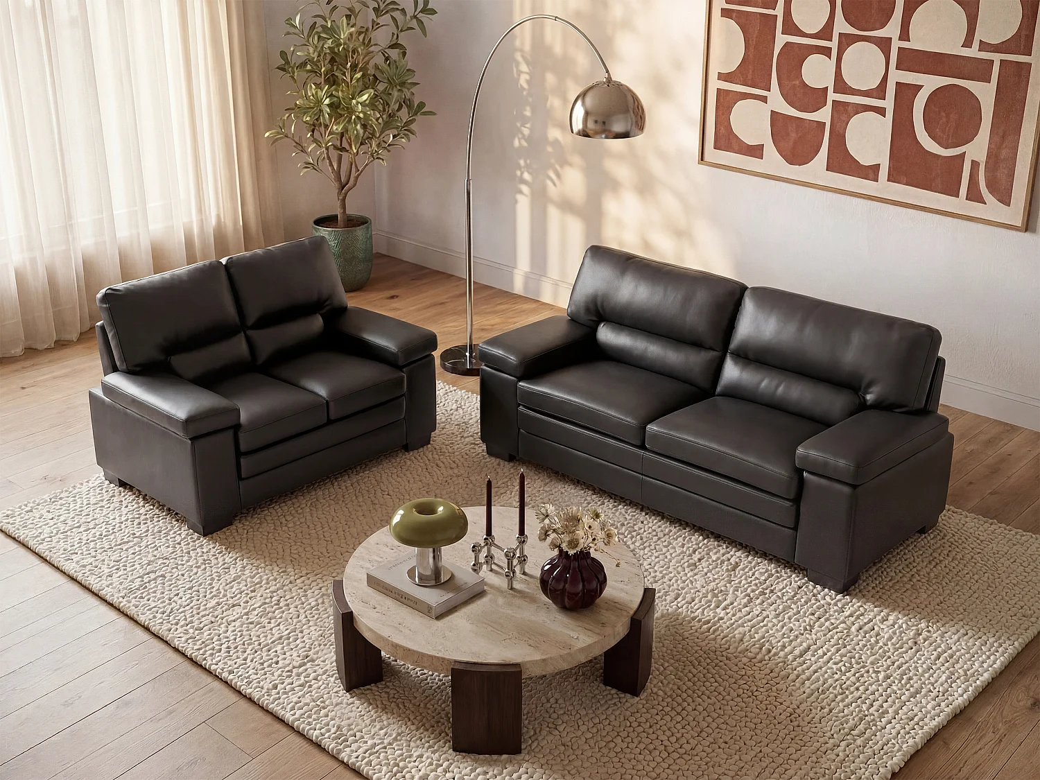 Couchgarnitur Leder 3+2 - Büffelleder - Schwarz - MIMAS