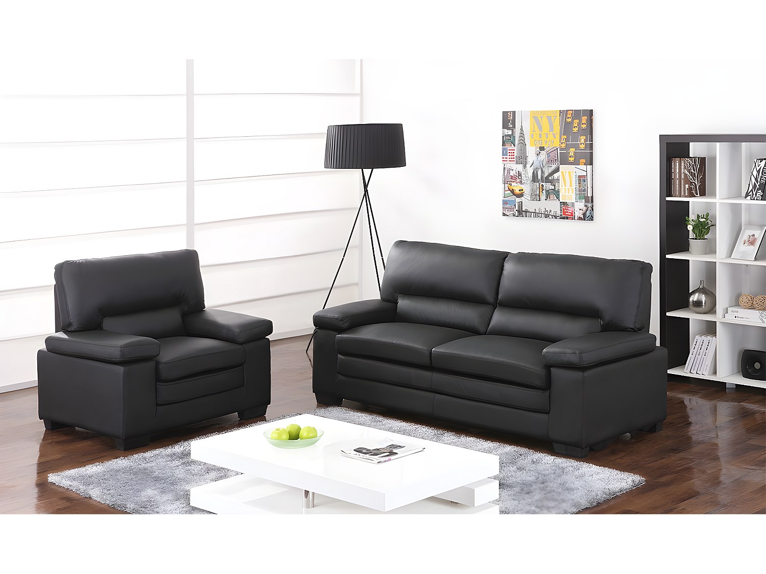 Vente-unique Couchgarnitur Leder - Büffelleder - Schwarz - Mimas
