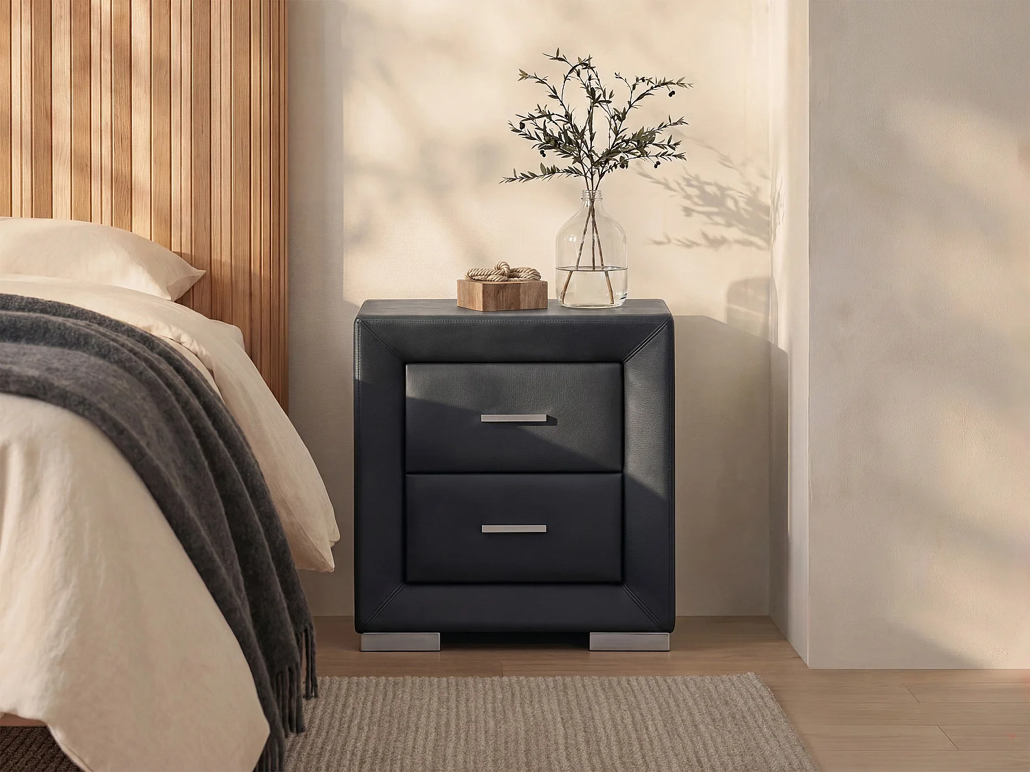 Bedside Table - 2 Drawers - Black Faux Leather - CAPITOLE