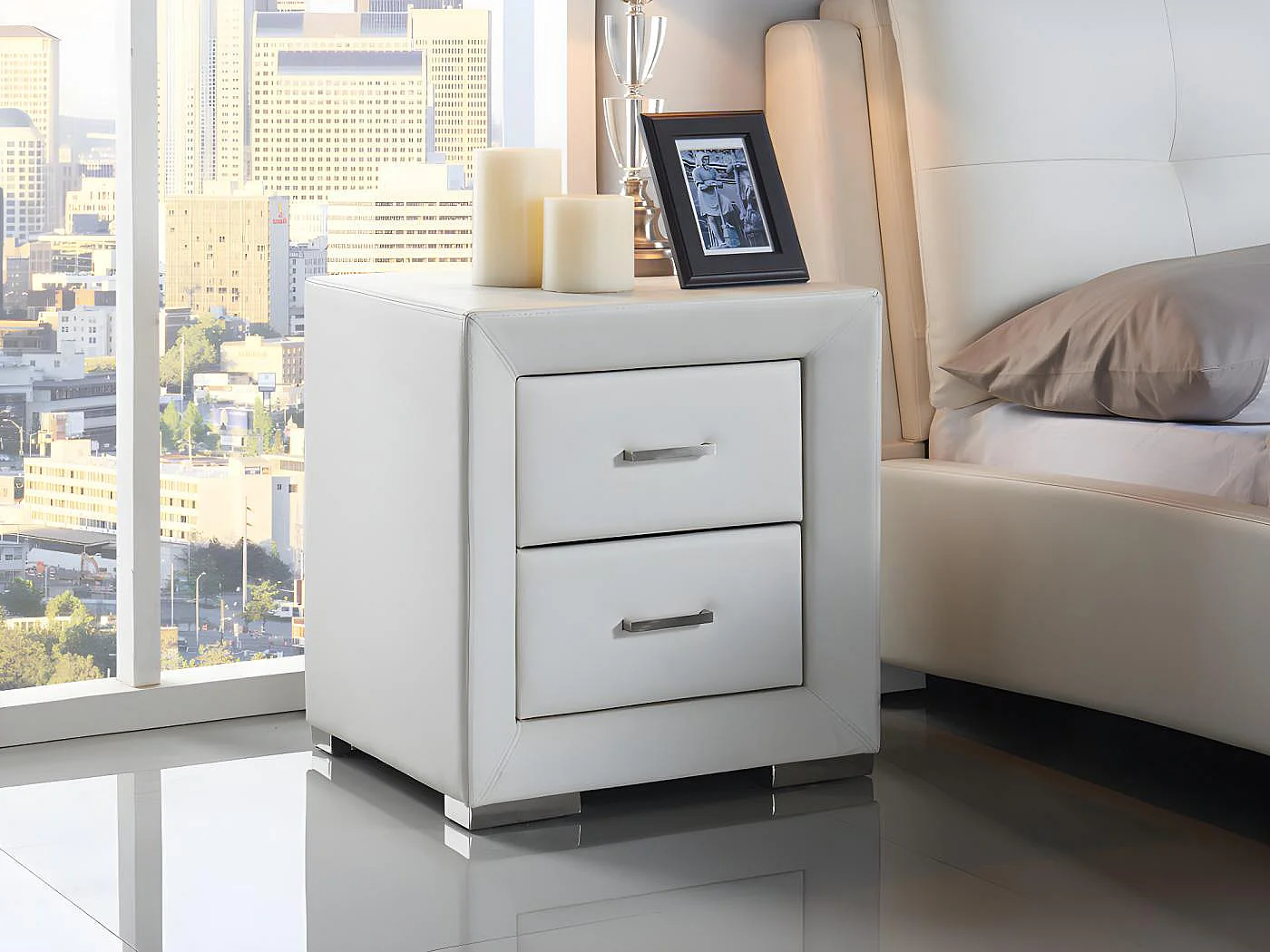 Table de chevet - 2 tiroirs - Simili blanc - CAPITOLE