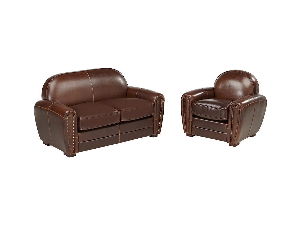 Sofá 2 plazas y sillón club de piel envejecida BAUDOIN - Marrón
