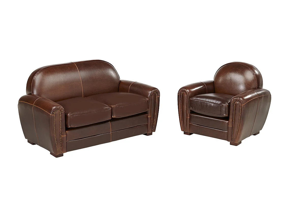 Canapé et fauteuil club BAUDOIN 100% cuir vieilli  - Marron