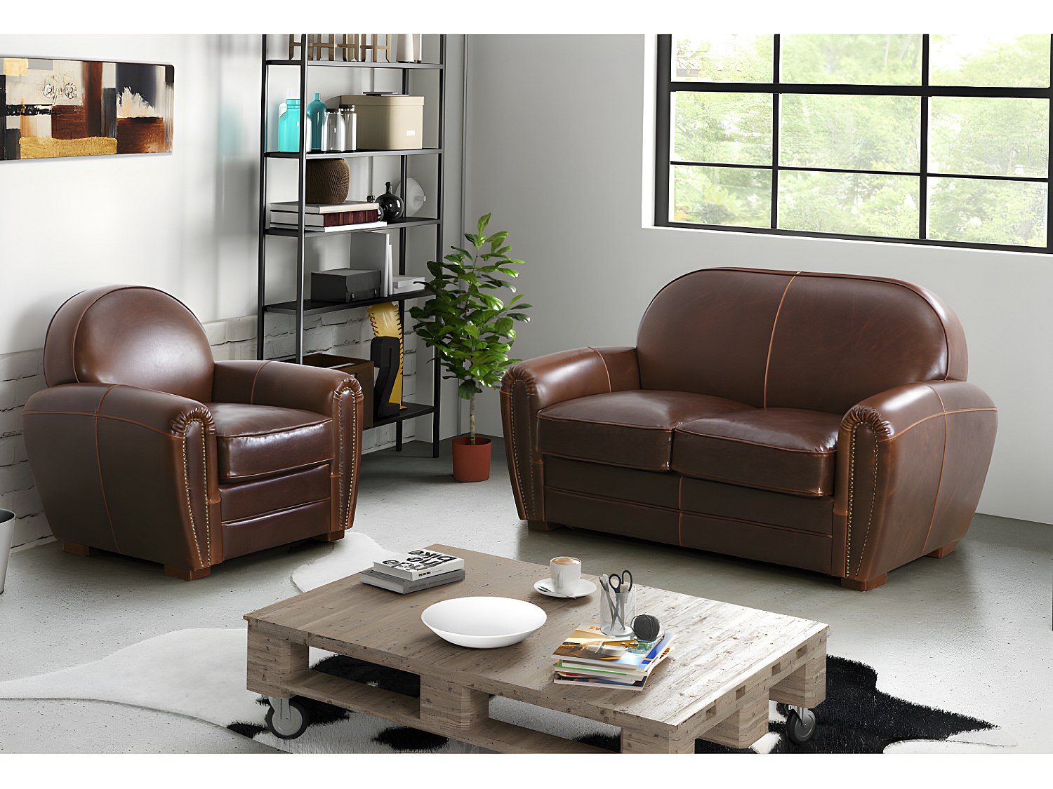 Vente-unique Couchgarnitur Leder - Braun - Baudoin