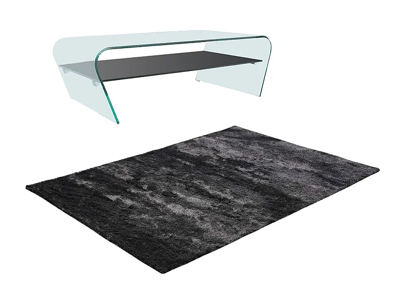 Ensemble table basse transparent et noir KELLY et tapis shaggy anthracite DOLCE