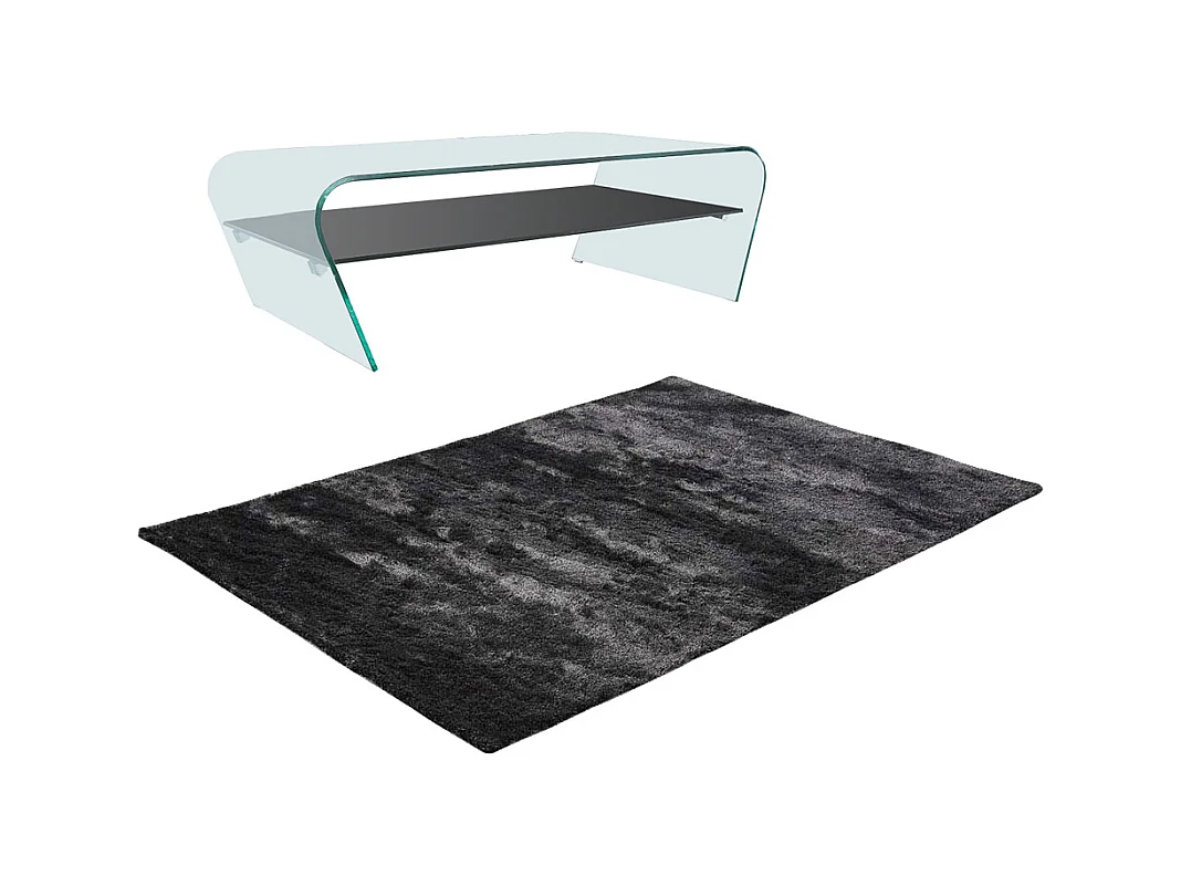 Ensemble table basse transparent et noir KELLY et tapis shaggy anthracite DOLCE