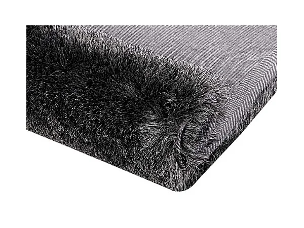 Set van transparante en zwarte salontafel KELLY en shaggy antracietkleurig tapijt DOLCE