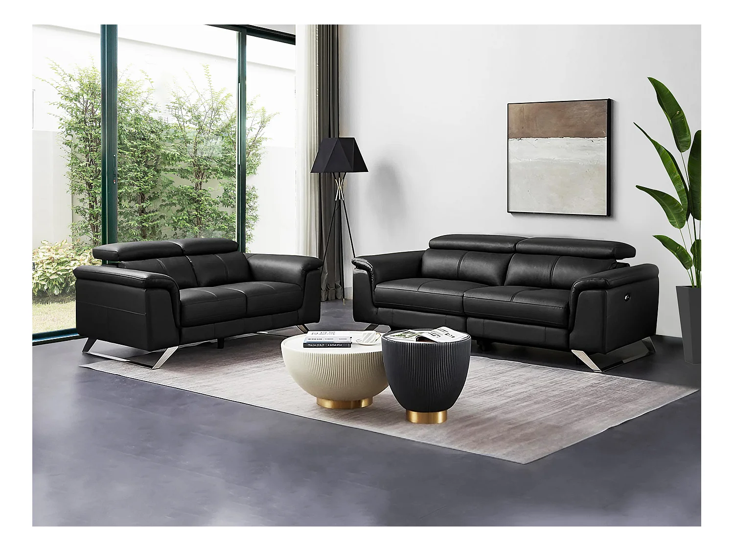 Sofá de 3 plazas relax eléctrico y 2 plazas de piel de becerro negro BREYT II