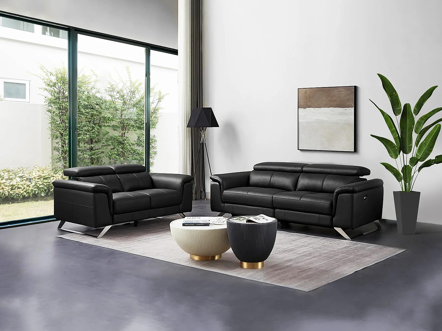 3 zits elektrische sofa met 2 zitplaatsen van zwarte koeienhuid BREYT II