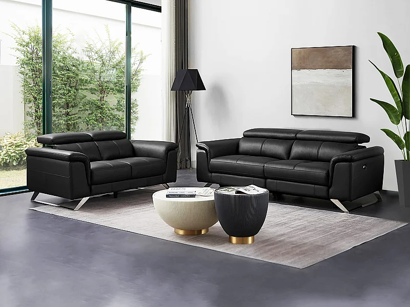 3-sits och 2-sits elektrisk reclinersoffa i svart läder BREYT II