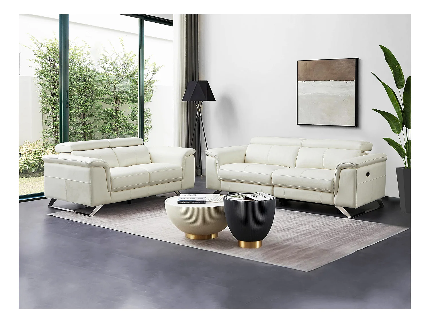 Kanapa 3-osobowa rozkładana elektryczna i 2-osobowa kanapa ze skóry w kolorze białym BREYT II