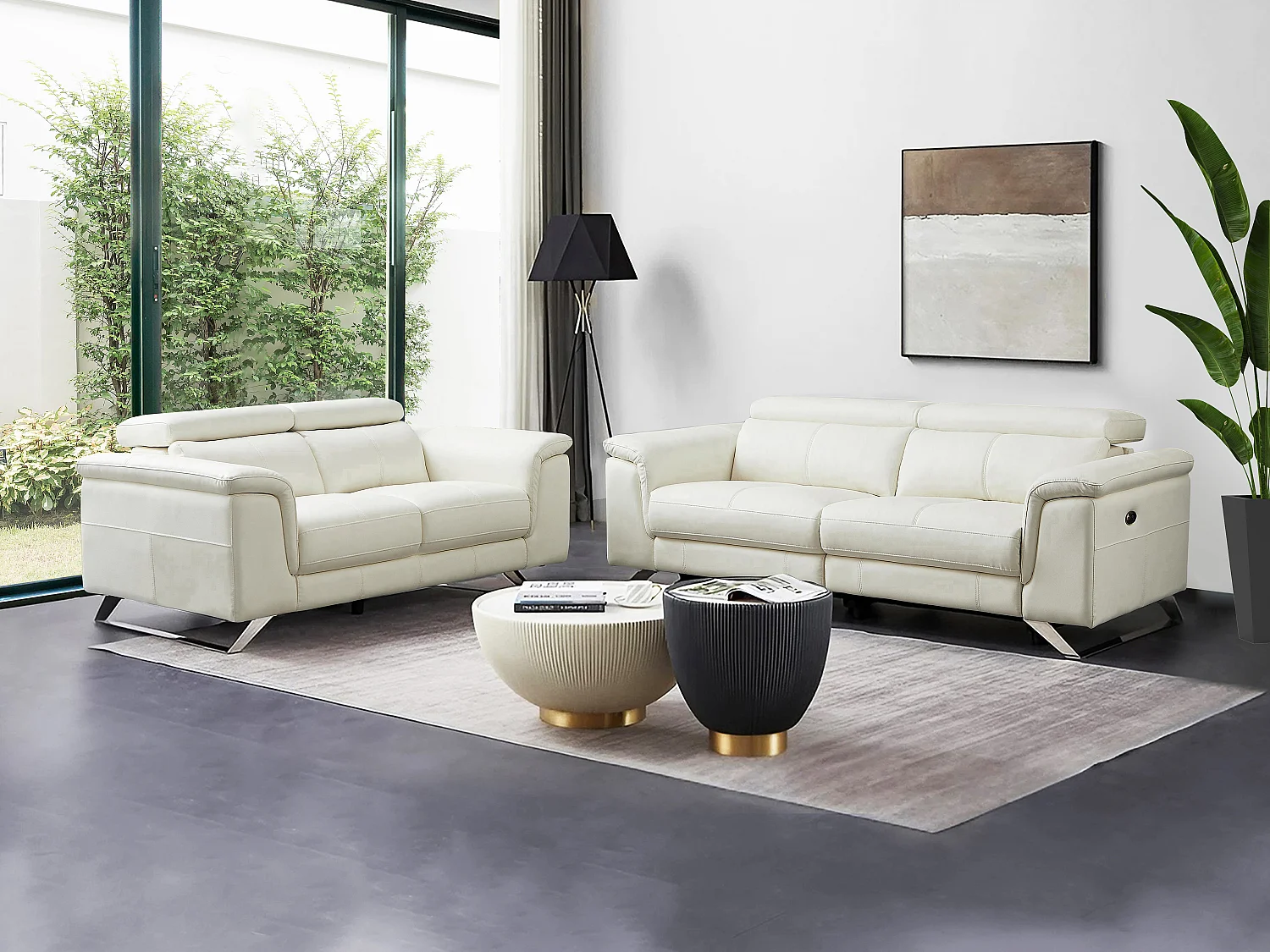 3 zits elektrische sofa met 2 plaatsen van witte koeienhuid BREYT II