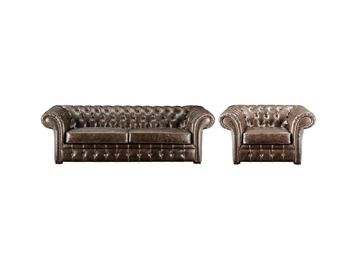 Canapé 3 places et un fauteuil 100% cuir vieilli chesterfield CLOTAIRE