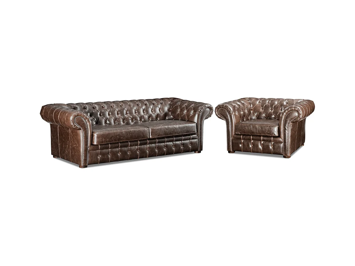 Treseter sofa 3-seters og en stol 100% aldret lær chesterfield CLOTAIRE