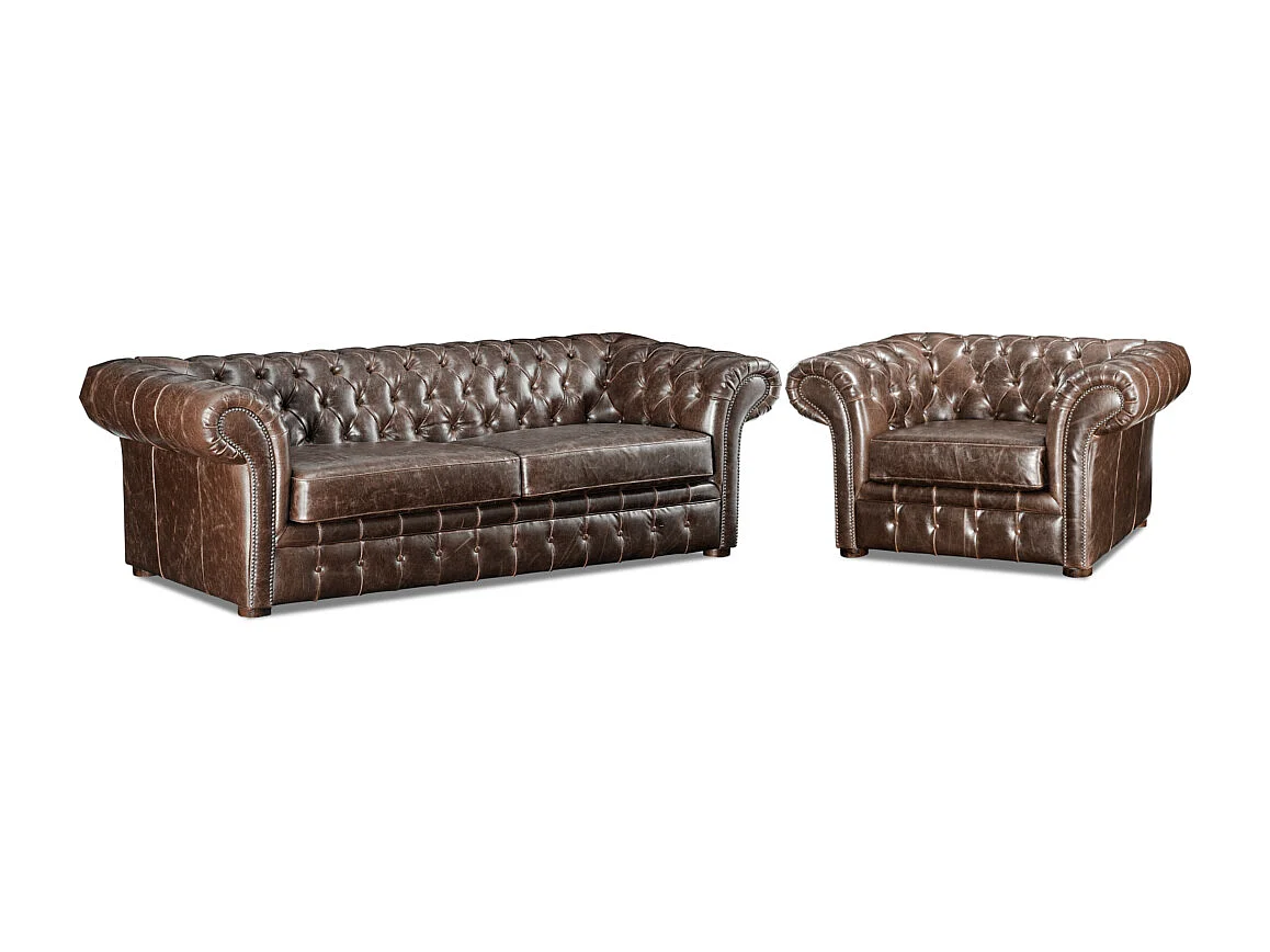 Canapé 3 places et un fauteuil 100% cuir vieilli chesterfield CLOTAIRE