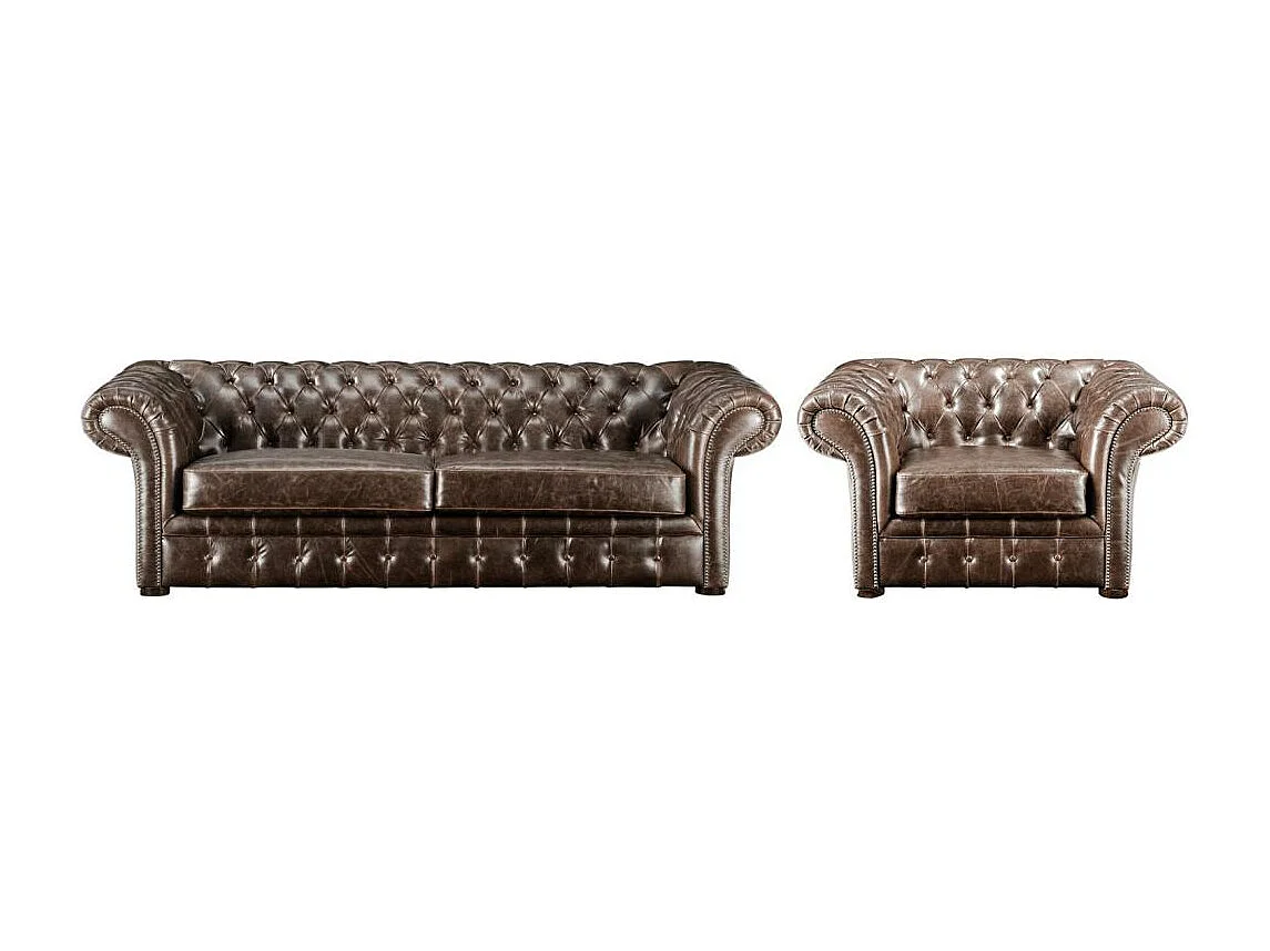 Canapé 3 places et un fauteuil 100% cuir vieilli chesterfield CLOTAIRE
