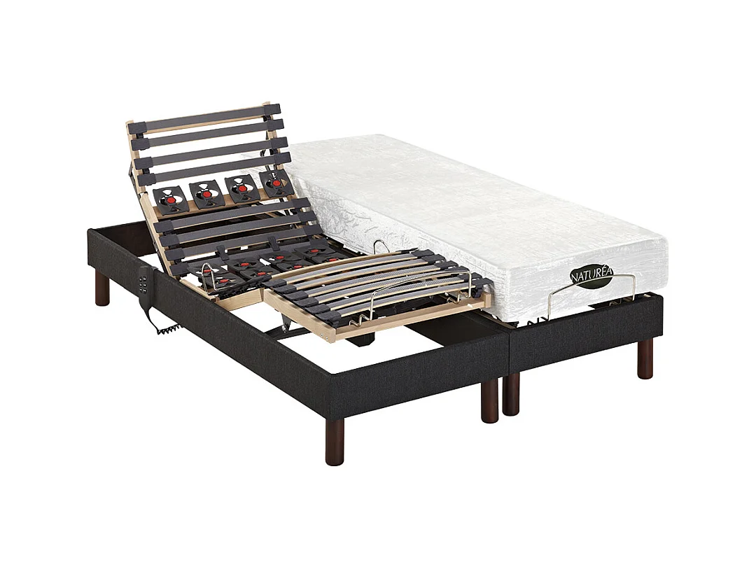 Lit électrique de relaxation déco lattes et plots + matelas mémoire de forme - 2 x 80 x 200 cm - Tissu - Anthracite - THESEE de NATUREA