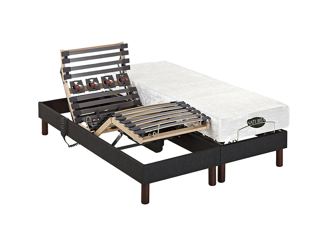 Lit électrique de relaxation déco lattes et plots + matelas mémoire de forme - 2 x 80 x 200 cm - Tissu - Anthracite - THESEE de NATUREA