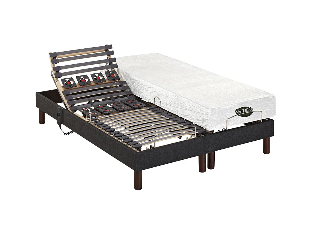 Lit électrique de relaxation déco lattes et plots + matelas mémoire de forme - 2 x 80 x 200 cm - Tissu - Anthracite - THESEE de NATUREA