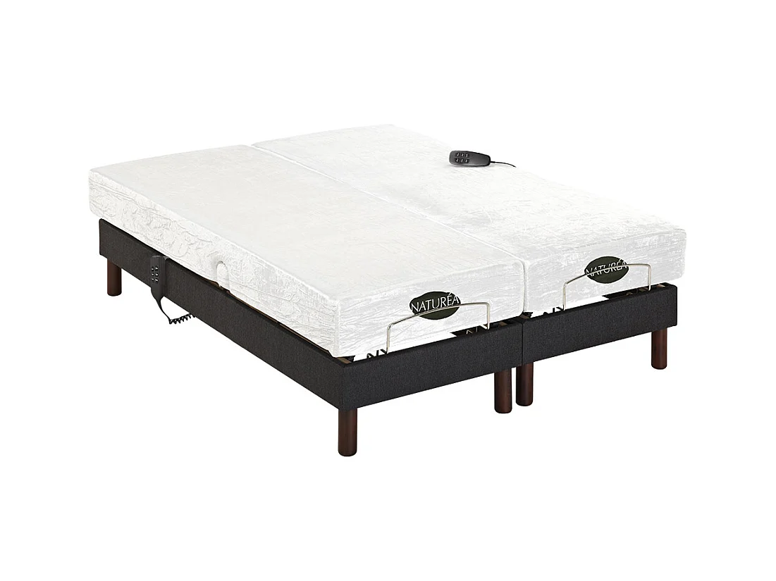 Lit électrique de relaxation déco lattes et plots + matelas mémoire de forme - 2 x 80 x 200 cm - Tissu - Anthracite - THESEE de NATUREA