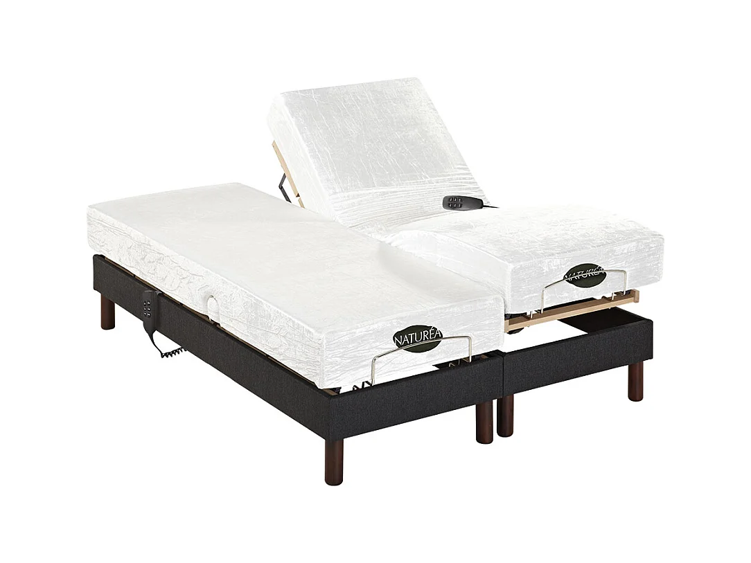 Lit électrique de relaxation déco lattes et plots + matelas mémoire de forme - 2 x 80 x 200 cm - Tissu - Anthracite - THESEE de NATUREA