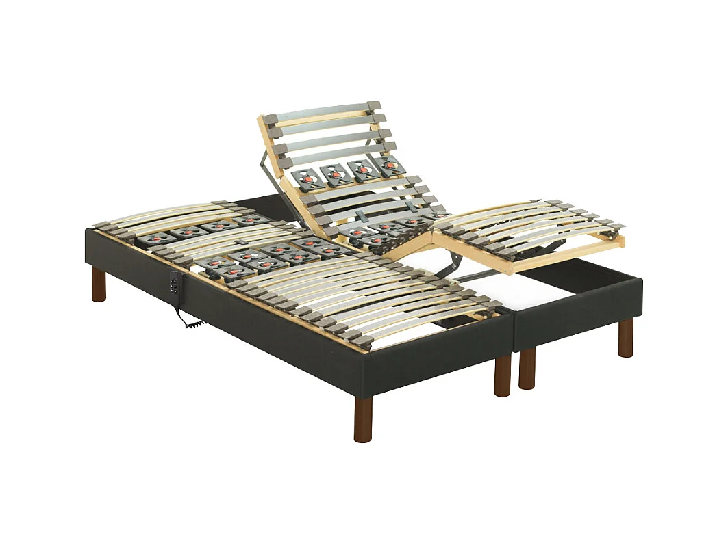 Lit électrique de relaxation déco lattes et plots + matelas mémoire de forme - 2 x 80 x 200 cm - Tissu - Anthracite - THESEE de NATUREA