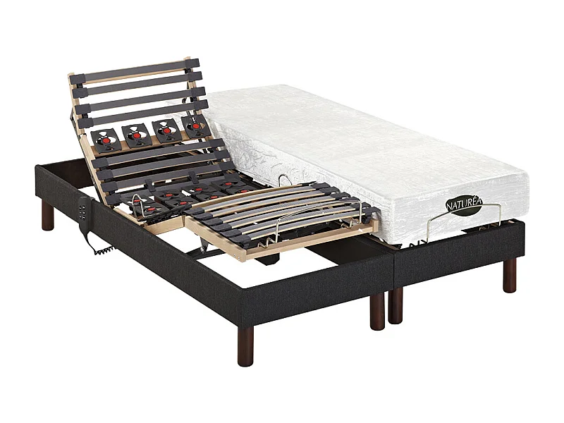 Lit électrique de relaxation déco lattes et plots + matelas mémoire de forme - 2 x 80 x 200 cm - Tissu - Anthracite - THESEE de NATUREA