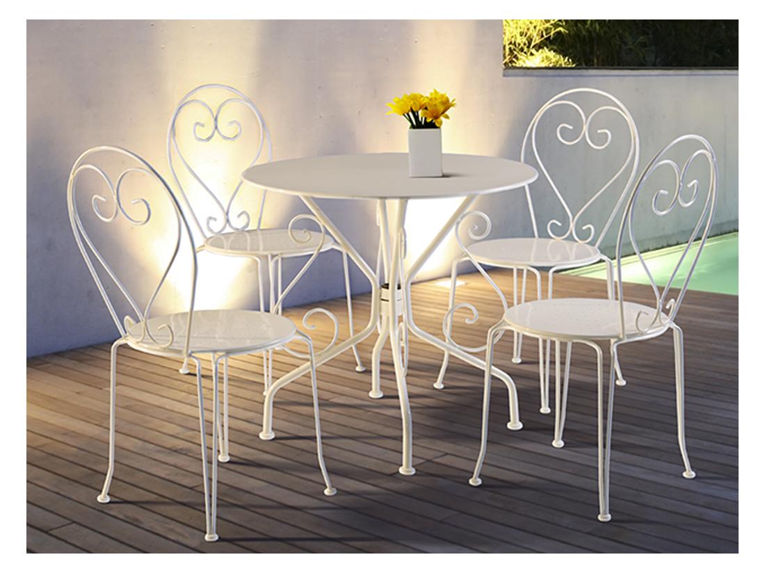 vente unique Salle à manger de jardin en métal façon fer forgé : une table et 4 chaises empilables - Blanc - GUERMANTES de MYLIA