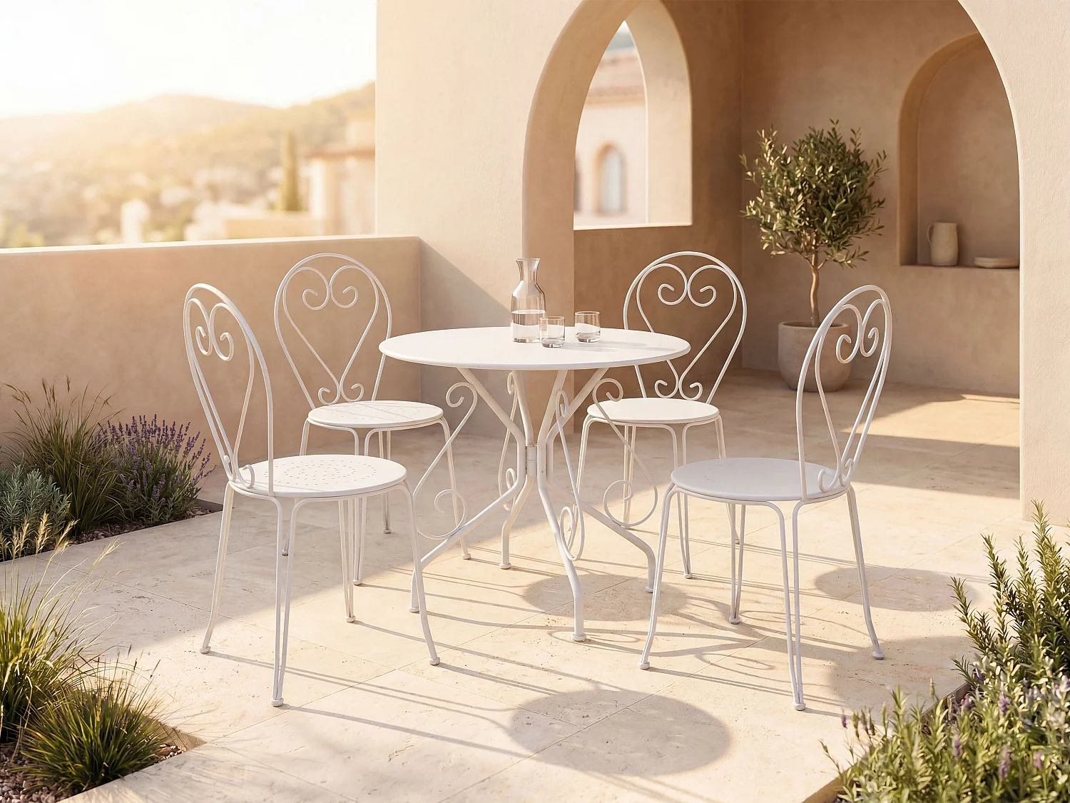 Salle à manger de jardin en métal façon fer forgé : une table et 4 chaises empilables - Blanc - GUERMANTES de MYLIA