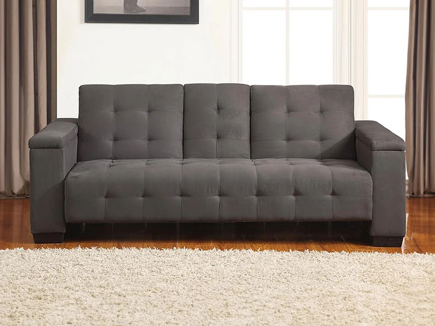 Canapé 3 places clic-clac en microfibre DEVONSHIRE avec tablette centrale rabattable - Gris