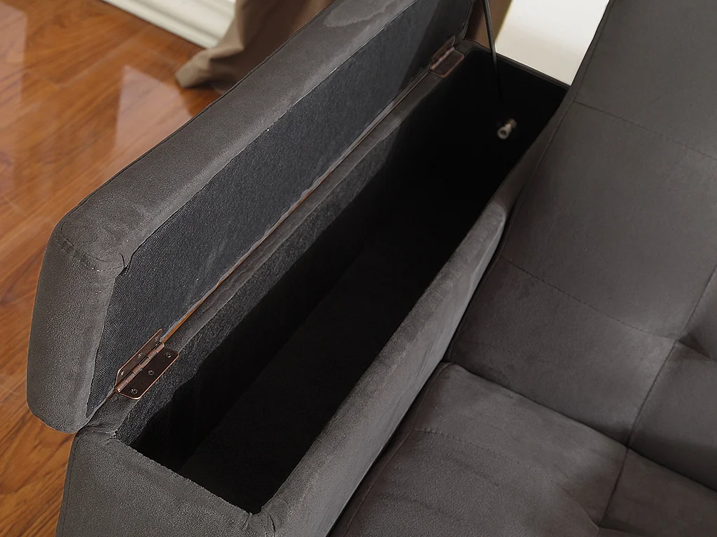 Kanapa 3-osobowa z prostym mechanizmem rozkładania z mikrofibry DEVONSHIRE z uchylnym stolikiem wbudowanym pośrodku oparcia - Kolor: szary