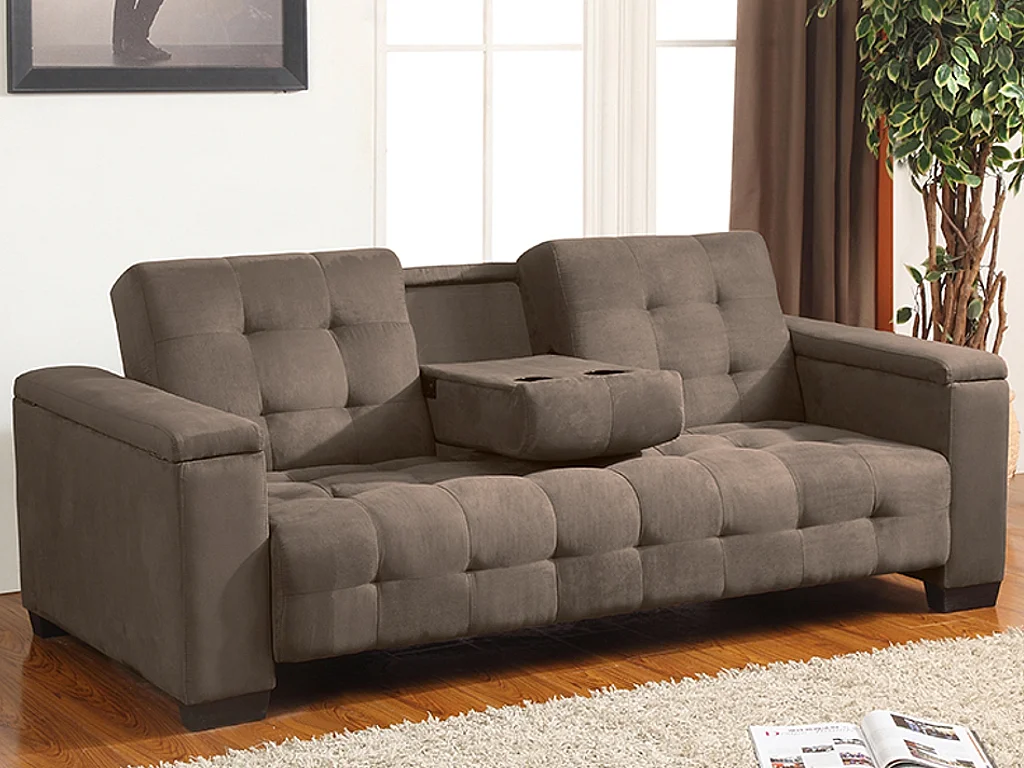 Canapé 3 places clic-clac en microfibre DEVONSHIRE avec tablette centrale rabattable -  Marron