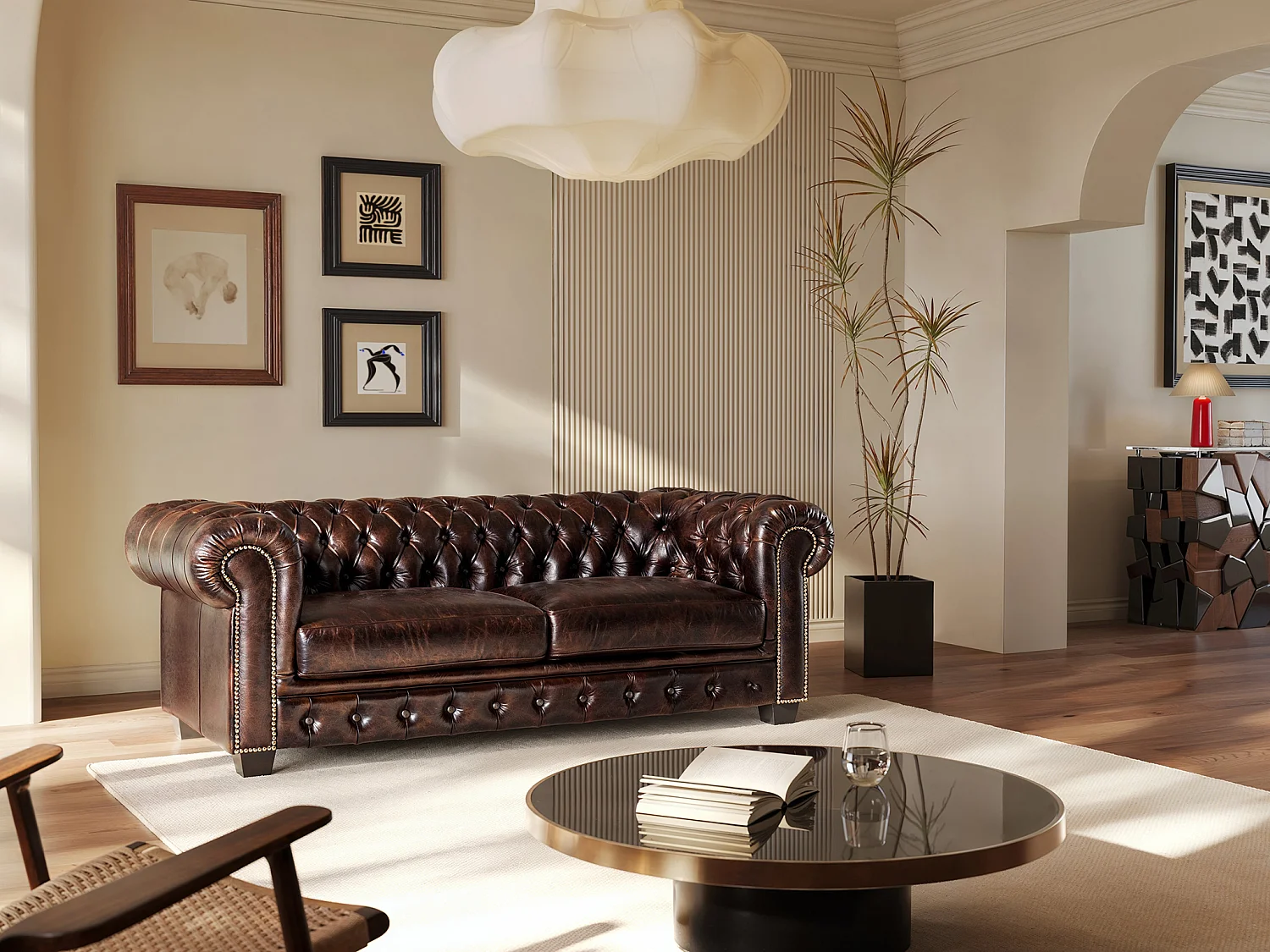Canapé chesterfield 3 places BRENTON 100% cuir de buffle - Marron reflets châtains