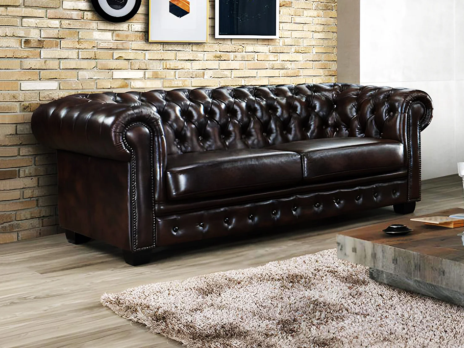 Chesterfield Ledersofa 3-Sitzer - 100% Büffelleder - Braun - BRENTON