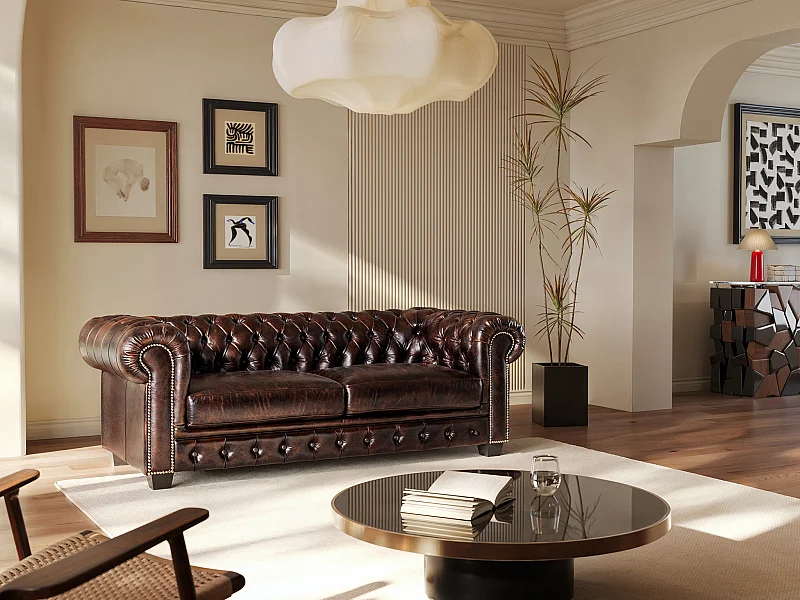 Driezitsbank Chesterfield BRENTON 100% buffelleer - bruin tinten