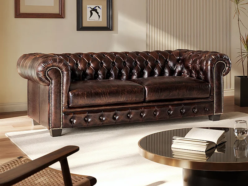 Canapé chesterfield 3 places BRENTON 100% cuir de buffle - Marron reflets châtains