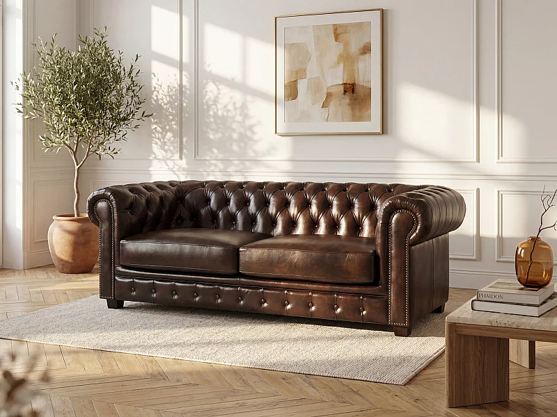 Canapé chesterfield 3 places BRENTON 100% cuir de buffle - Marron reflets châtains