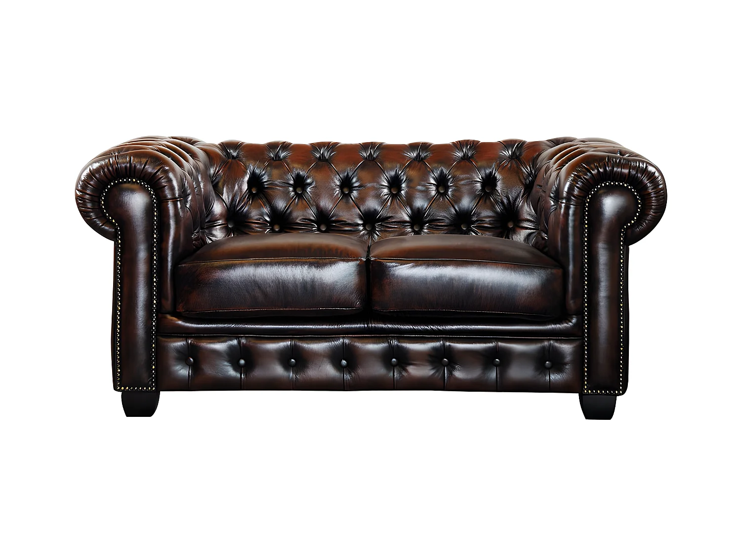 Sofá 2 lugares 100% pele de búfalo Castanho com reflexos castanhos estilo chesterfield - BRENTON